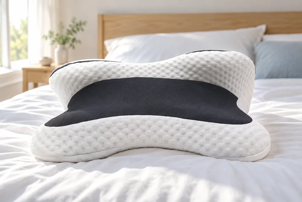 Het grijze Vlindra vlinderkussen op een bed, van opzij gezien: een lage lange kant vooraan en een hogere achteraan